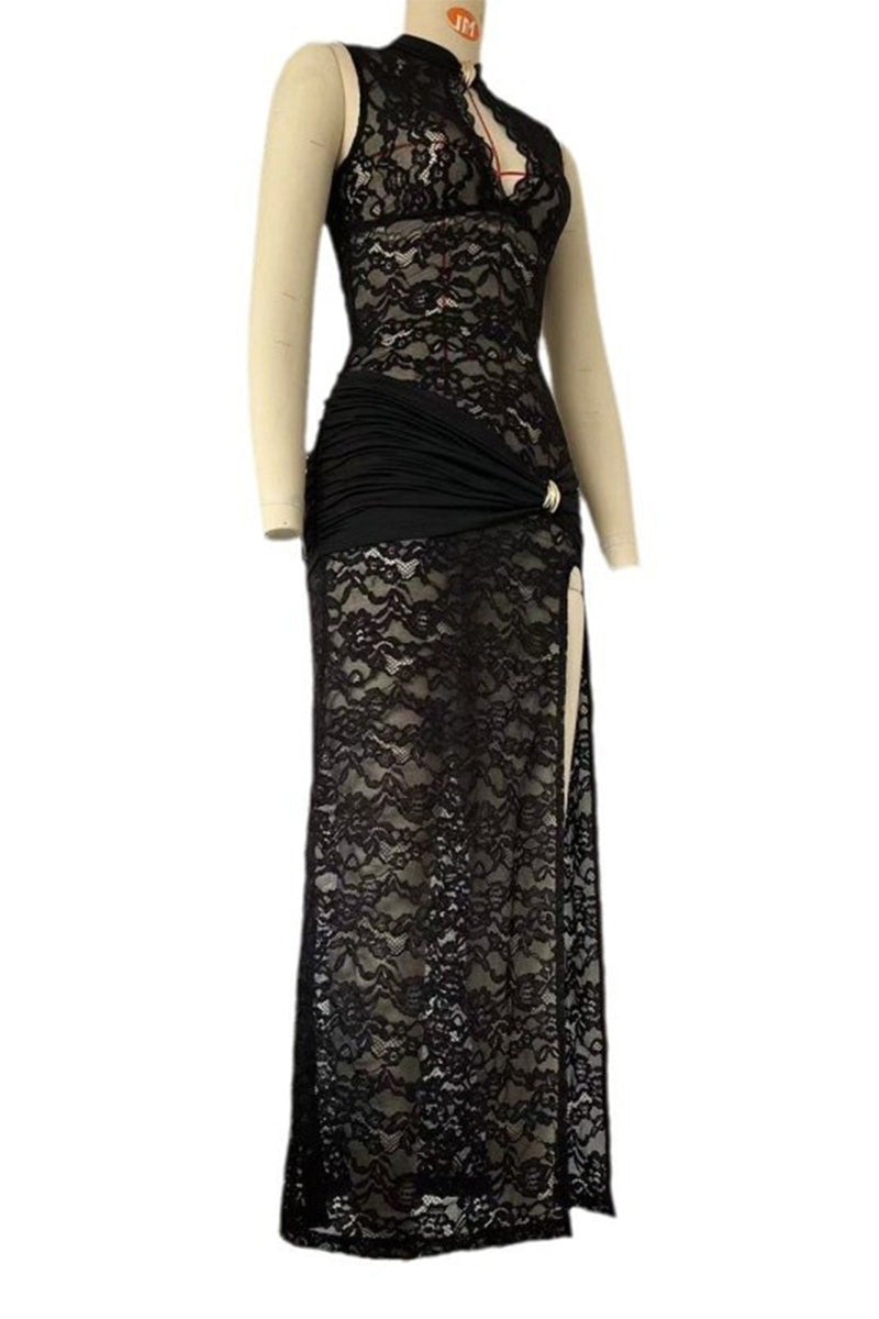 Lace Hollow Out Slit O Neck One Step Skirt Dresses