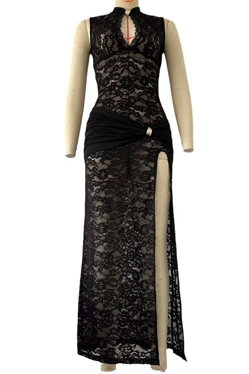 Lace Hollow Out Slit O Neck One Step Skirt Dresses