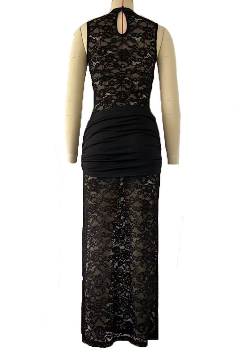 Lace Hollow Out Slit O Neck One Step Skirt Dresses