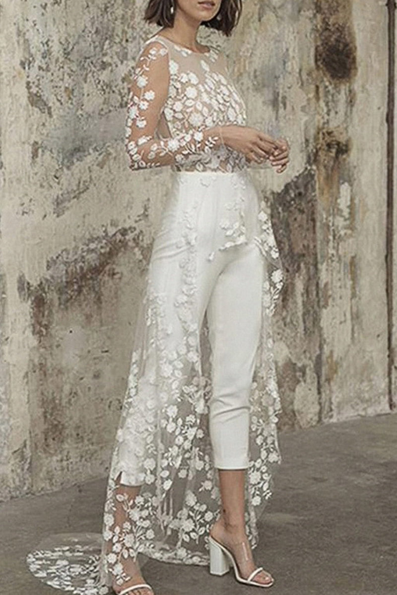 Lace Patchwork O Neck Straight Jumpsuits