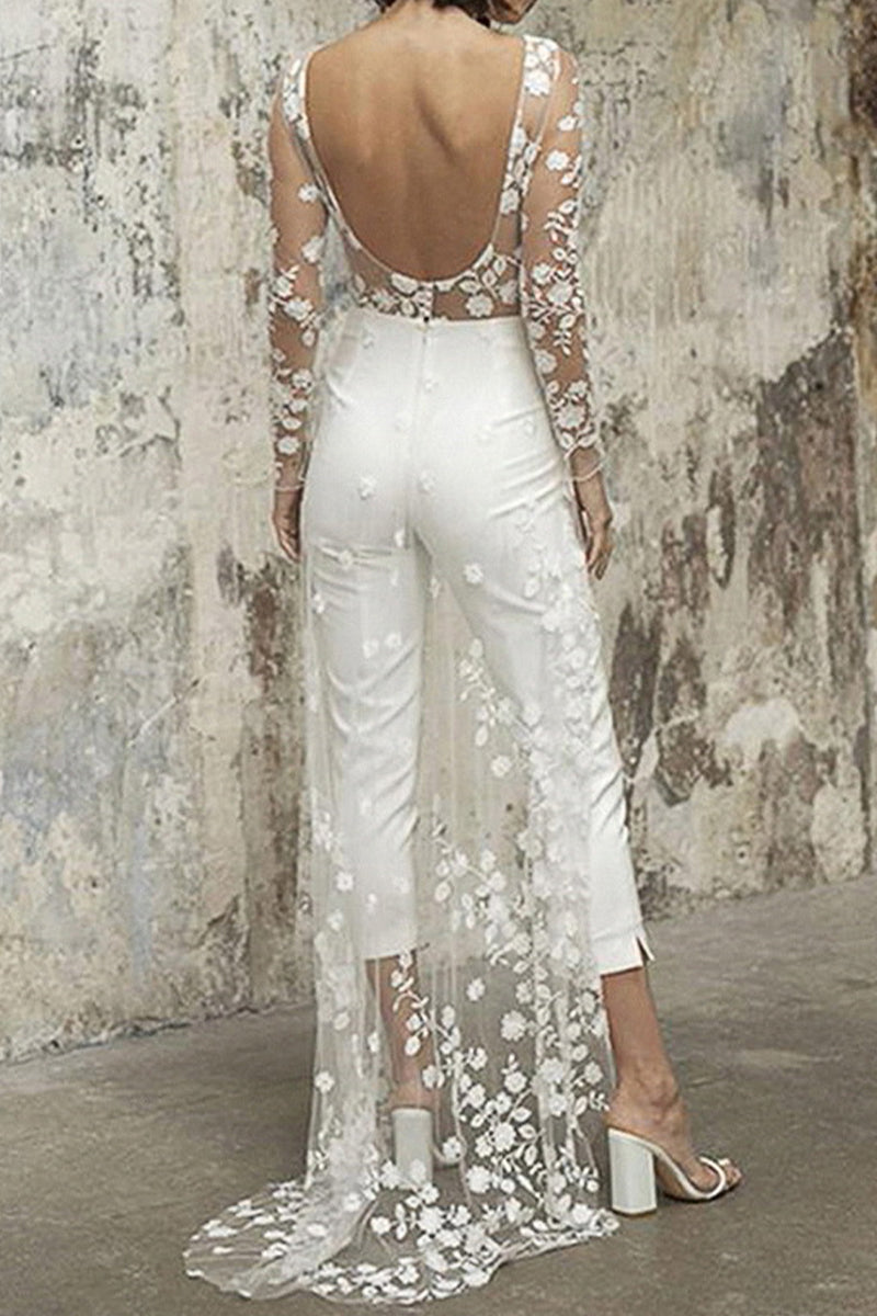 Lace Patchwork O Neck Straight Jumpsuits