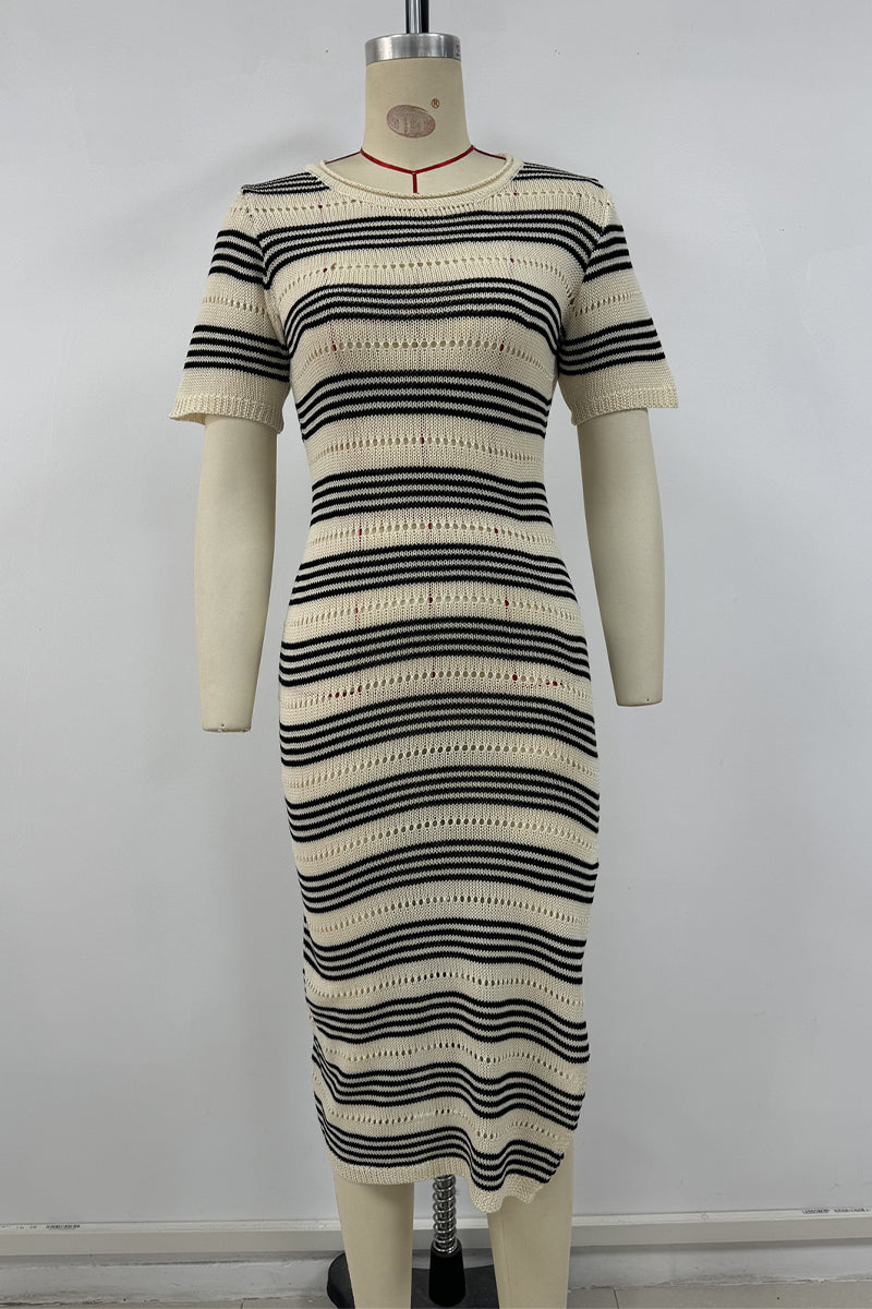 Stripe Slit Weave Contrast O Neck Short Sleeve Short Sleeve Dress