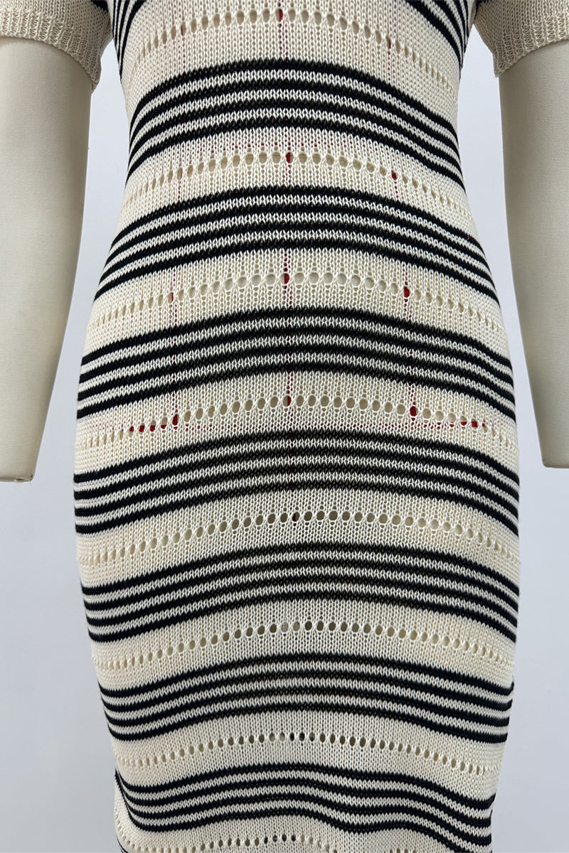 Stripe Slit Weave Contrast O Neck Short Sleeve Short Sleeve Dress