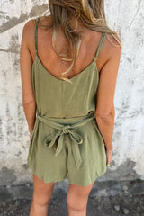 Casual Pocket Lace Up Buttons V Neck Loose Rompers(3 Colors)