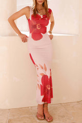 Flowers Lace Up Backless U Neck One Step Skirt Dresses