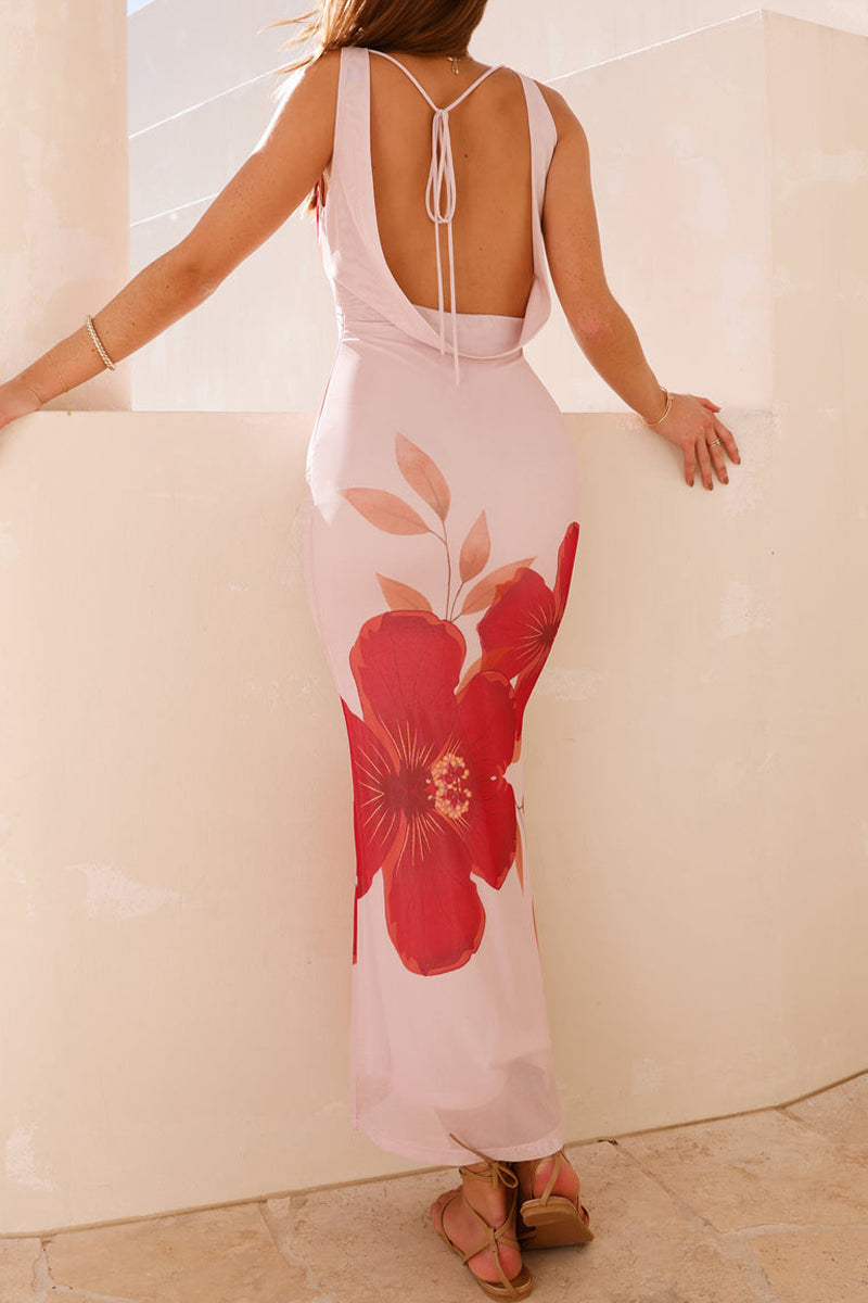 Flowers Lace Up Backless U Neck One Step Skirt Dresses