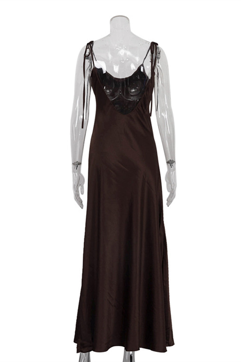Lace Up Backless U Neck Long Dresses