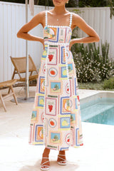 Vacation Graffiti Print fruit Patchwork Contrast Square Neck Sling Dresses