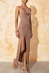 Lace Up Backless Slit Halter Evening Dresses