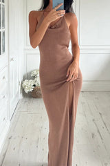 Lace Up Backless Slit Halter Evening Dresses