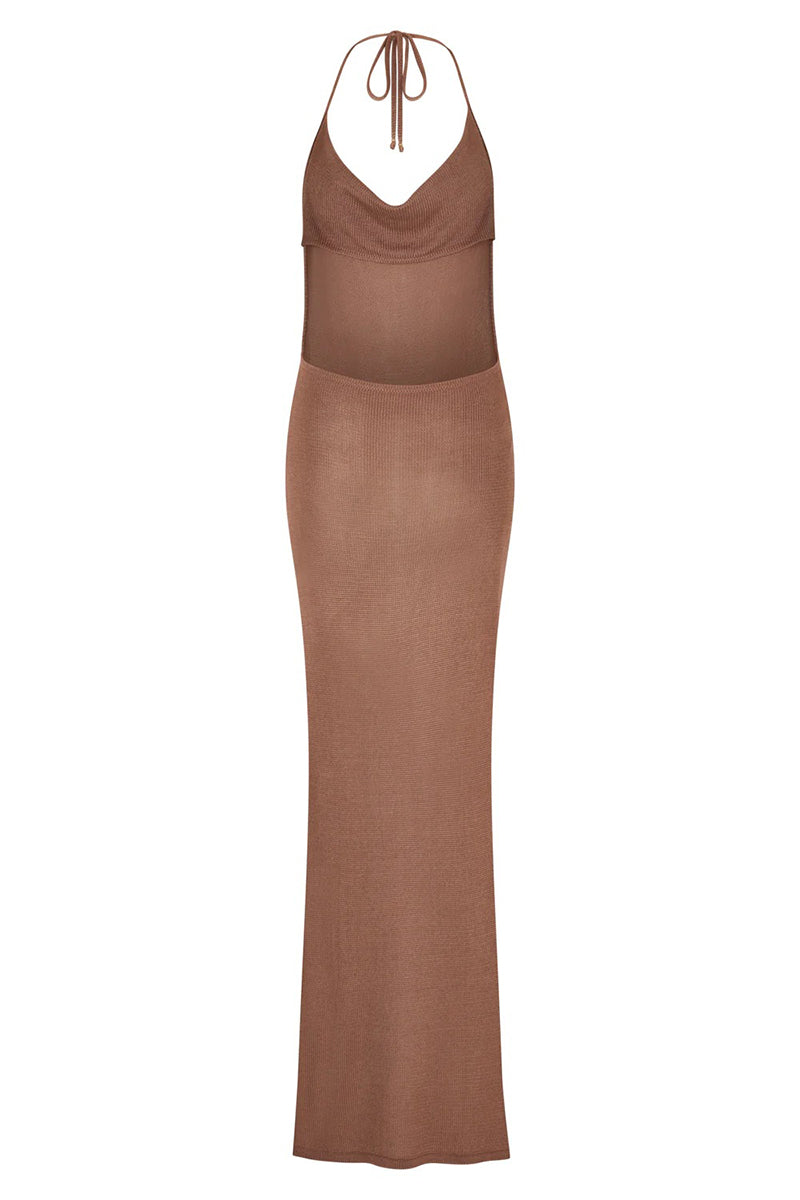 Lace Up Backless Slit Halter Evening Dresses