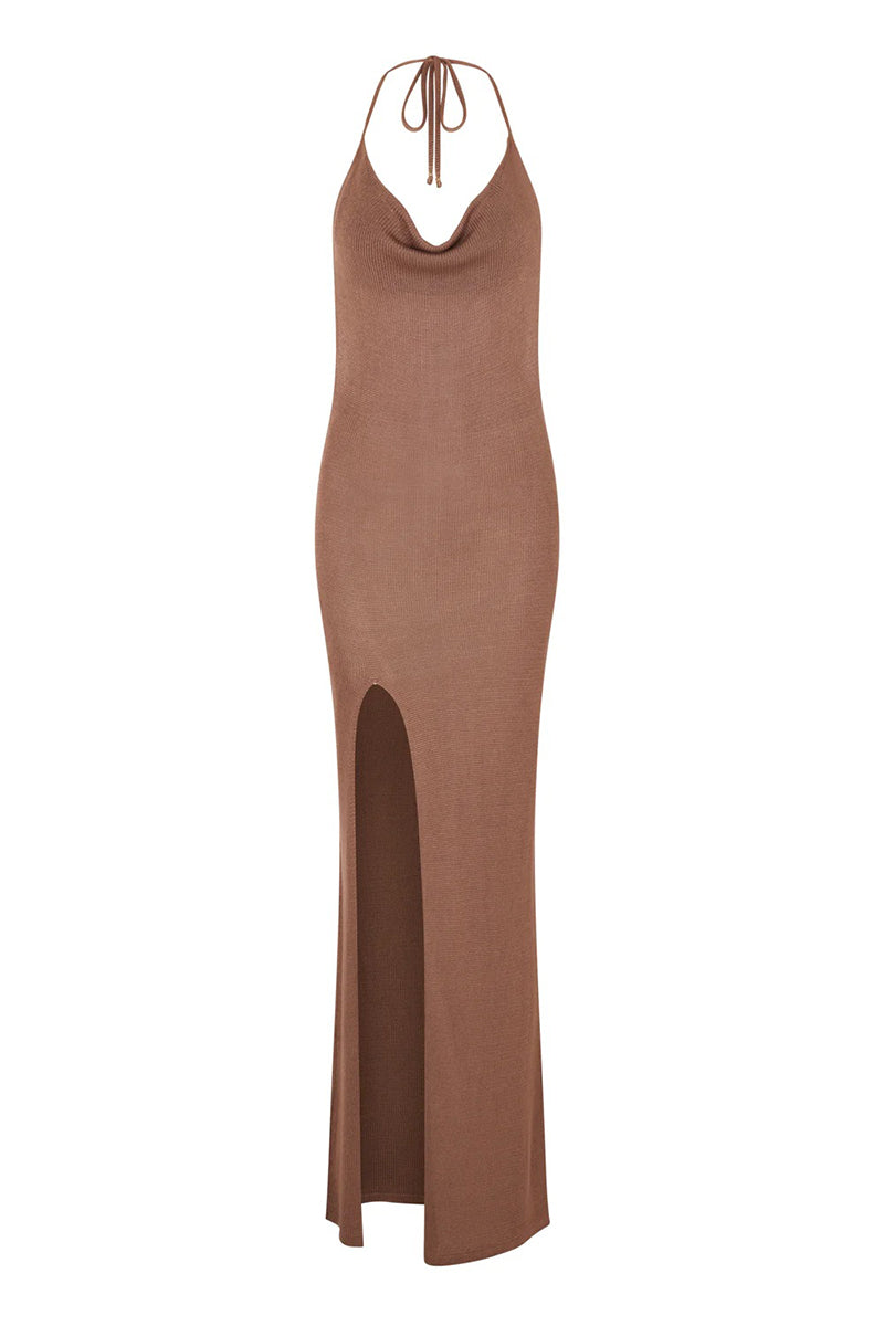Lace Up Backless Slit Halter Evening Dresses