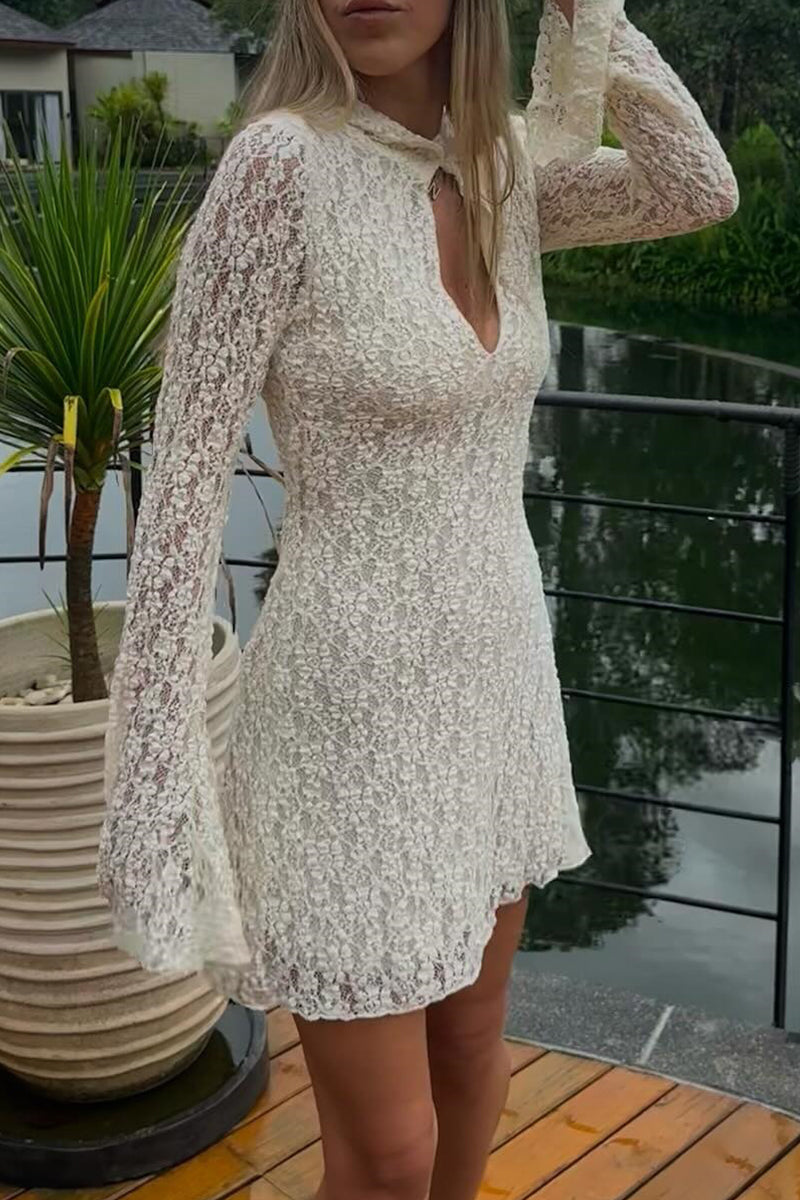 Lace Buttons Mandarin Collar Lace Dress Dresses