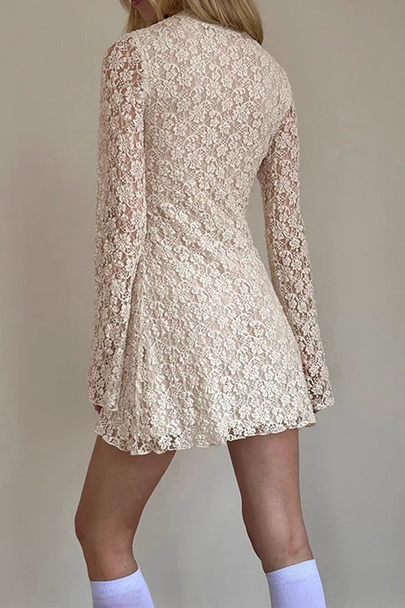 Lace Buttons Mandarin Collar Lace Dress Dresses