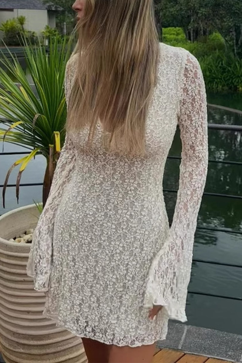 Lace Buttons Mandarin Collar Lace Dress Dresses