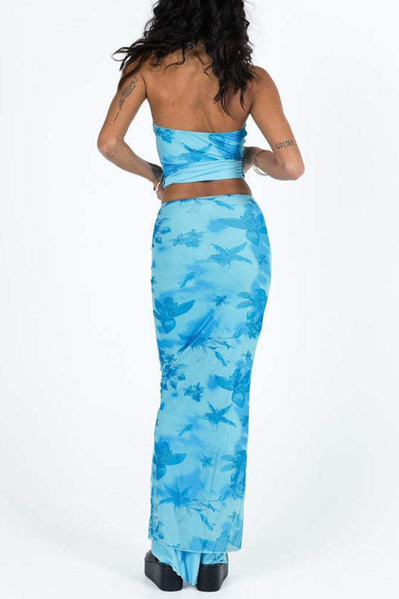 Floral Print Contrast Strapless Sleeveless Two Pieces