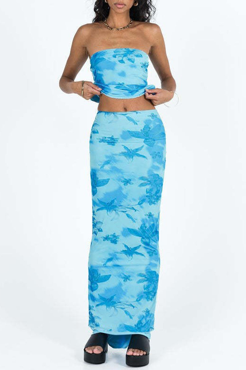 Floral Print Contrast Strapless Sleeveless Two Pieces