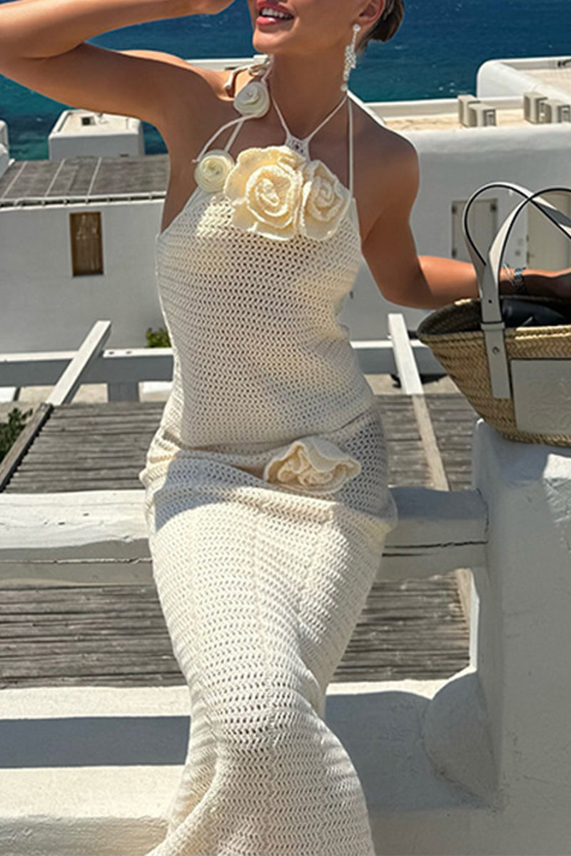 Lace Up Flower Shape Halter Sleeveless Two Pieces