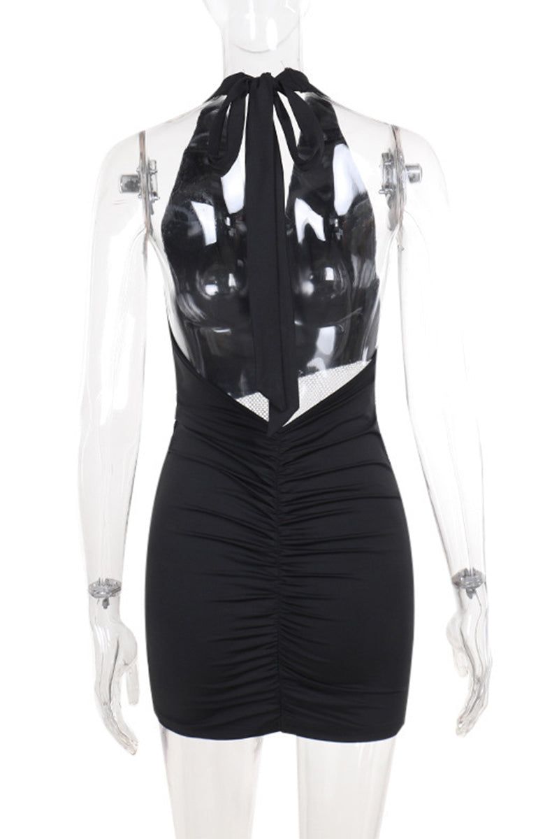 Lace Up Backless Mesh Halter Wrapped Skirt Dresses