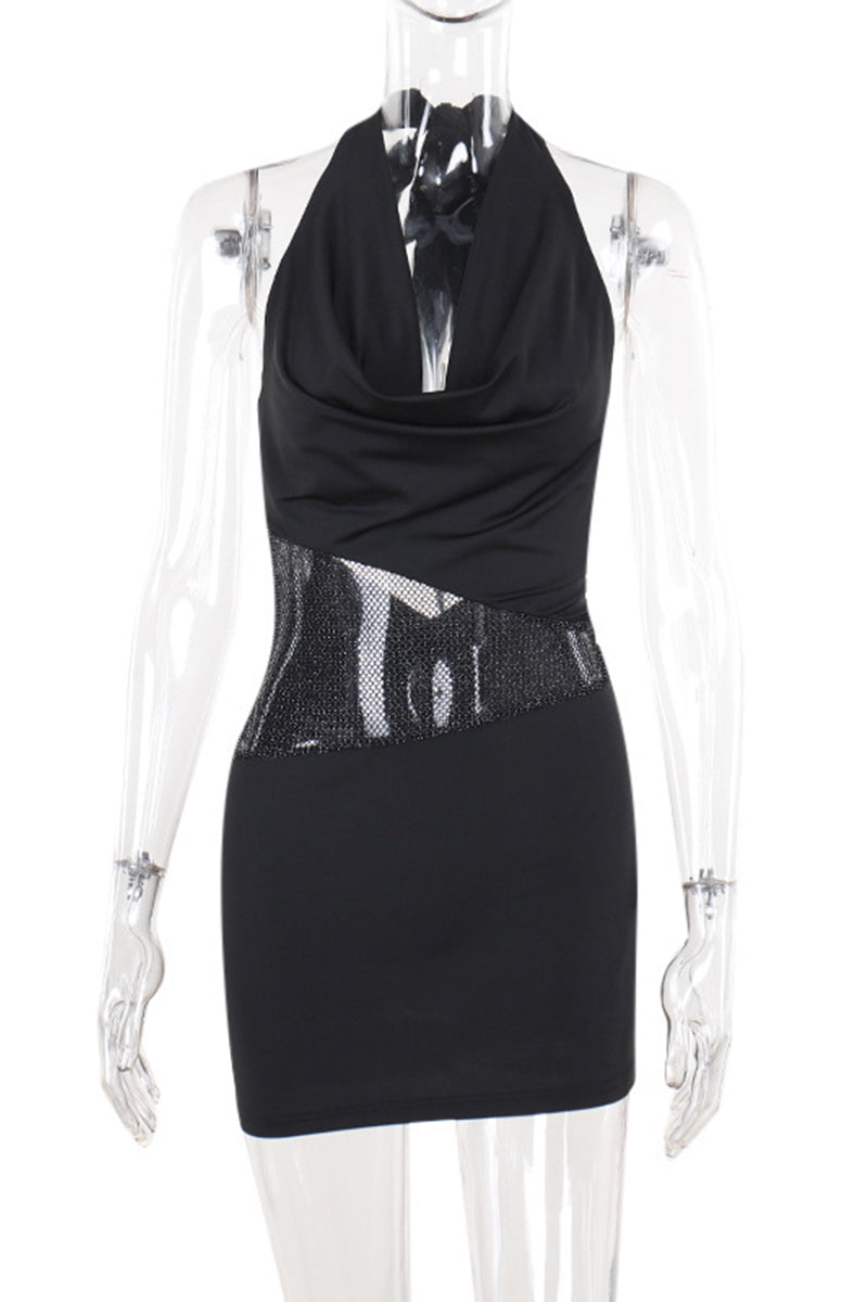 Lace Up Backless Mesh Halter Wrapped Skirt Dresses