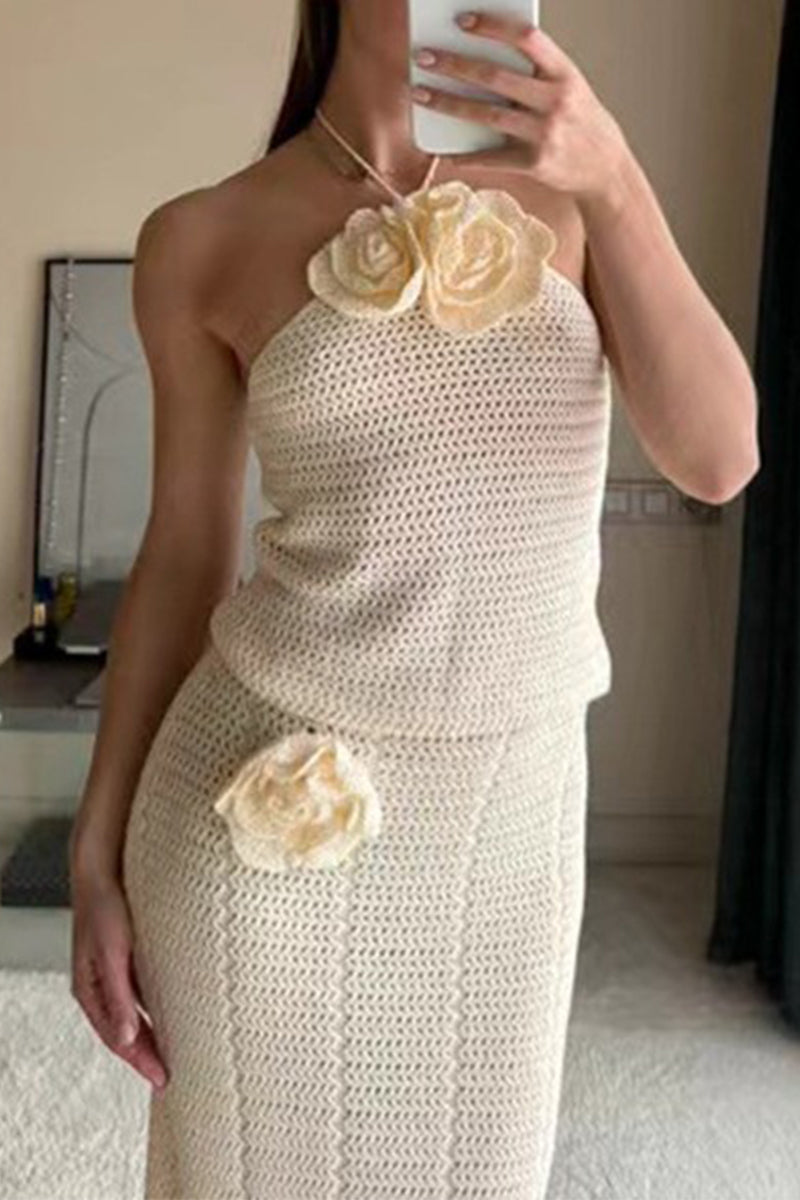 Hook Flower Patchwork Halter Sleeveless Two Pieces