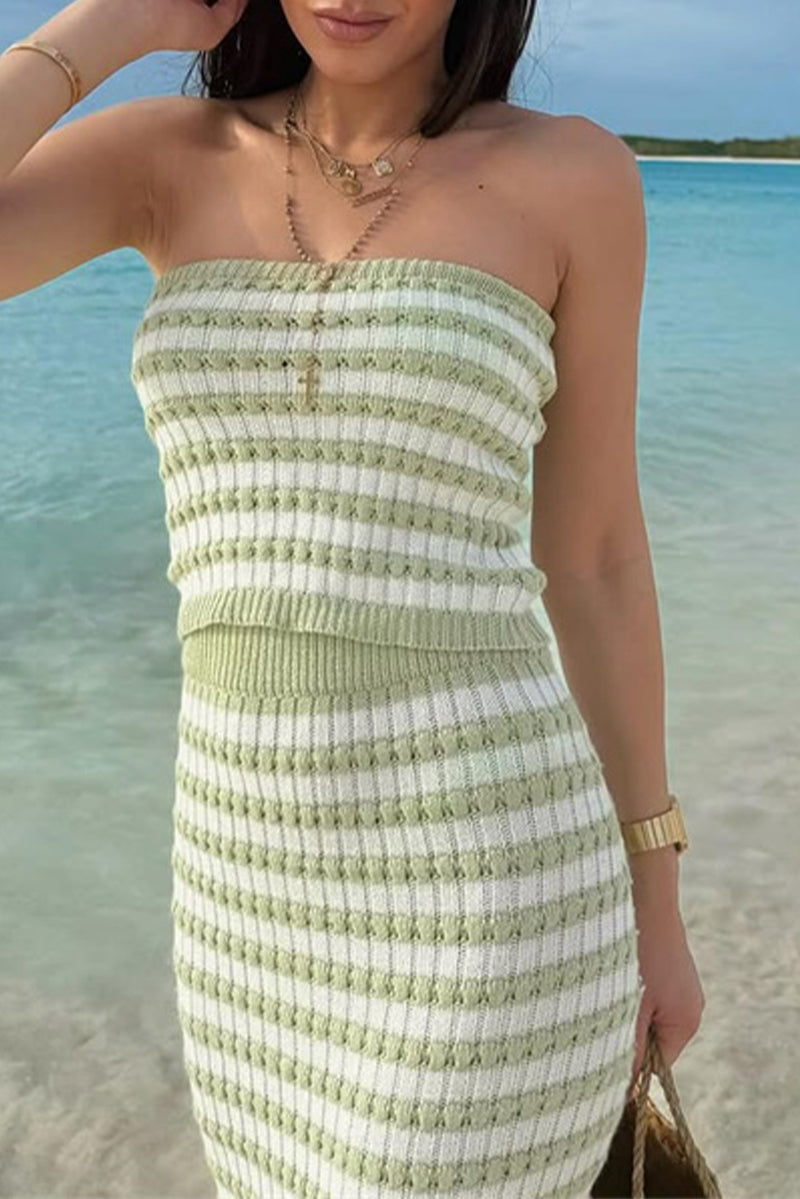 Stripe Weave Contrast Strapless Sleeveless Two Pieces