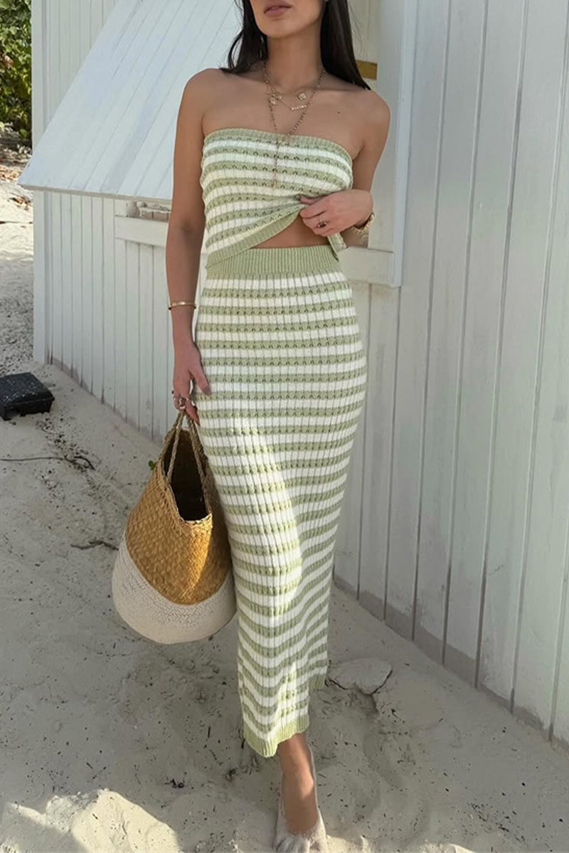 Stripe Weave Contrast Strapless Sleeveless Two Pieces