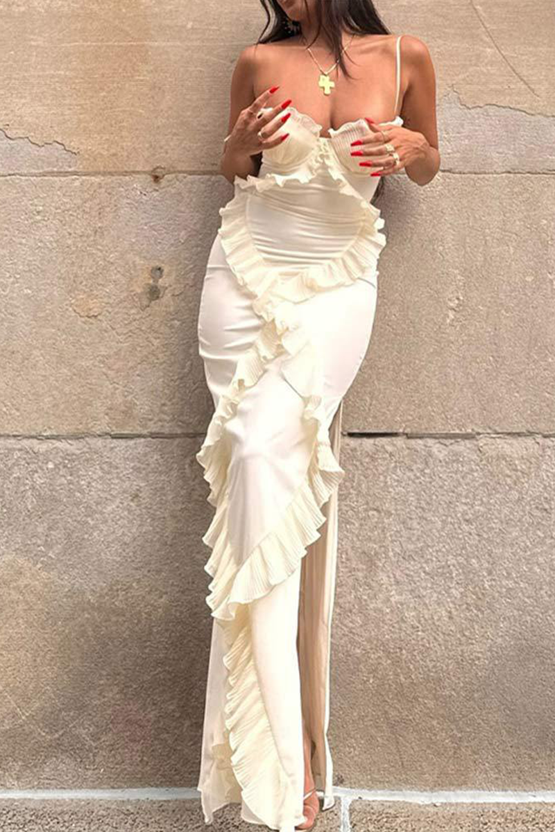 Solid Color Patchwork Ruffle V Neck Sling Dresses
