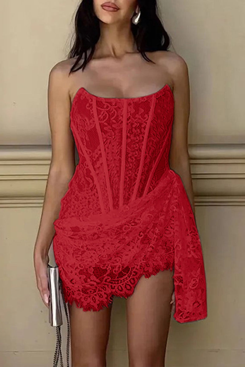Solid Color Lace Ruched Irregular U Neck Lace Dress Dresses