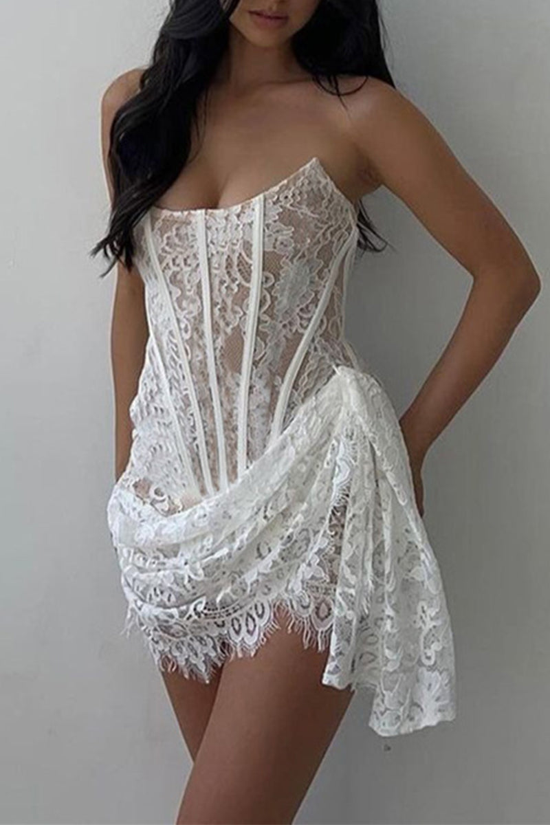 Solid Color Lace Ruched Irregular U Neck Lace Dress Dresses