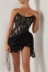 Solid Color Lace Ruched Irregular U Neck Lace Dress Dresses