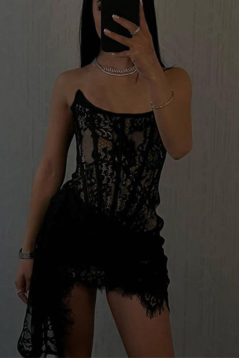 Solid Color Lace Ruched Irregular U Neck Lace Dress Dresses
