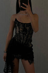 Solid Color Lace Ruched Irregular U Neck Lace Dress Dresses