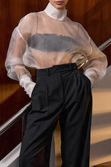 Solid Color Buttons See-Through Mesh Turtleneck Tops