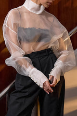 Solid Color Buttons See-Through Mesh Turtleneck Tops