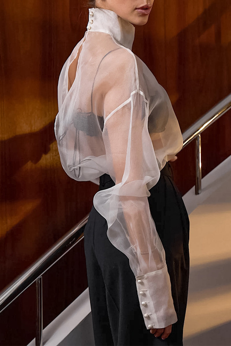 Solid Color Buttons See-Through Mesh Turtleneck Tops