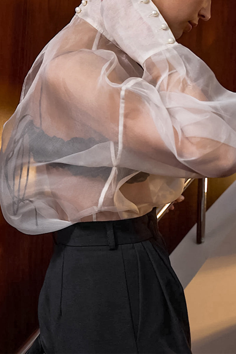 Solid Color Buttons See-Through Mesh Turtleneck Tops