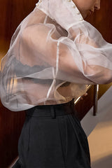 Solid Color Buttons See-Through Mesh Turtleneck Tops
