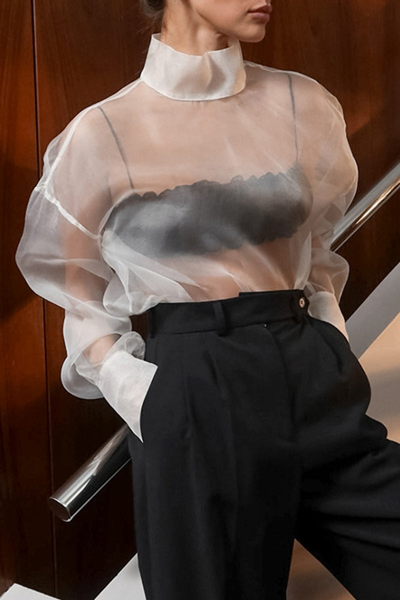 Solid Color Buttons See-Through Mesh Turtleneck Tops