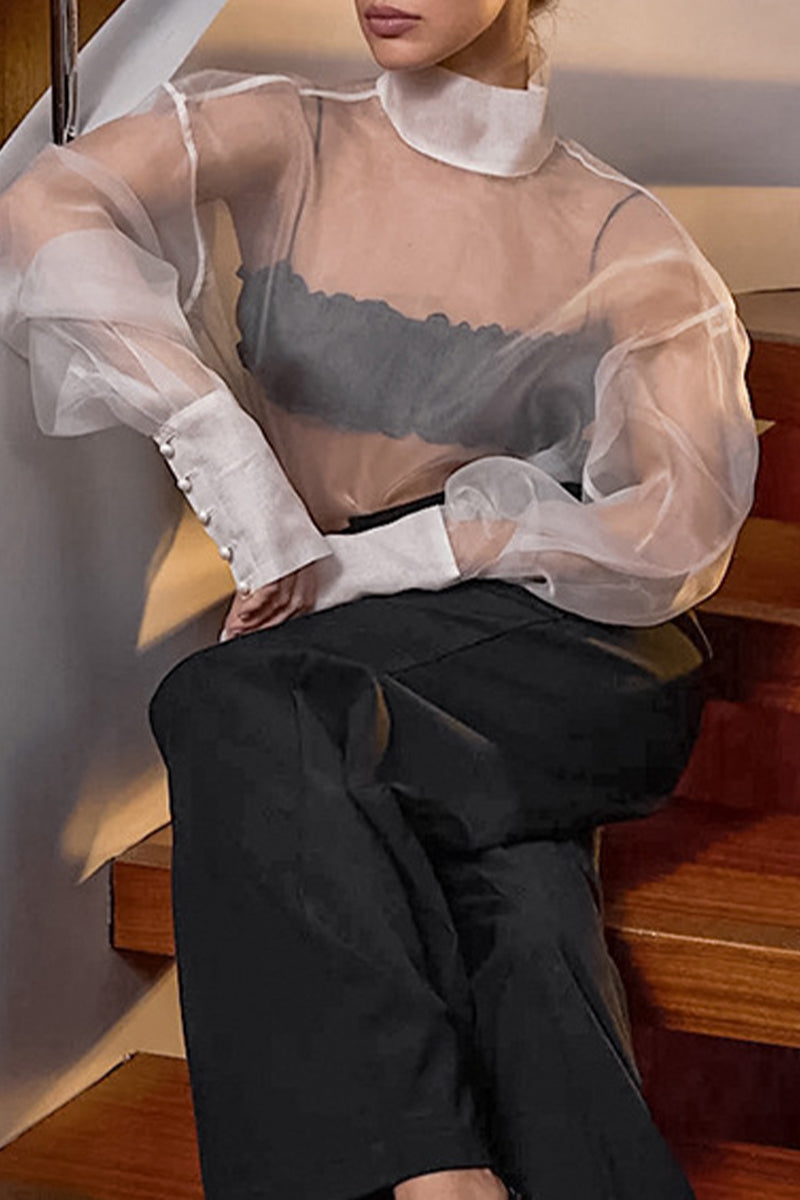 Solid Color Buttons See-Through Mesh Turtleneck Tops