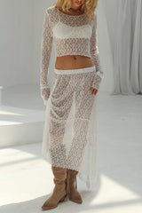 Solid Color Draw String See-Through O Neck Long Sleeve Two Pieces