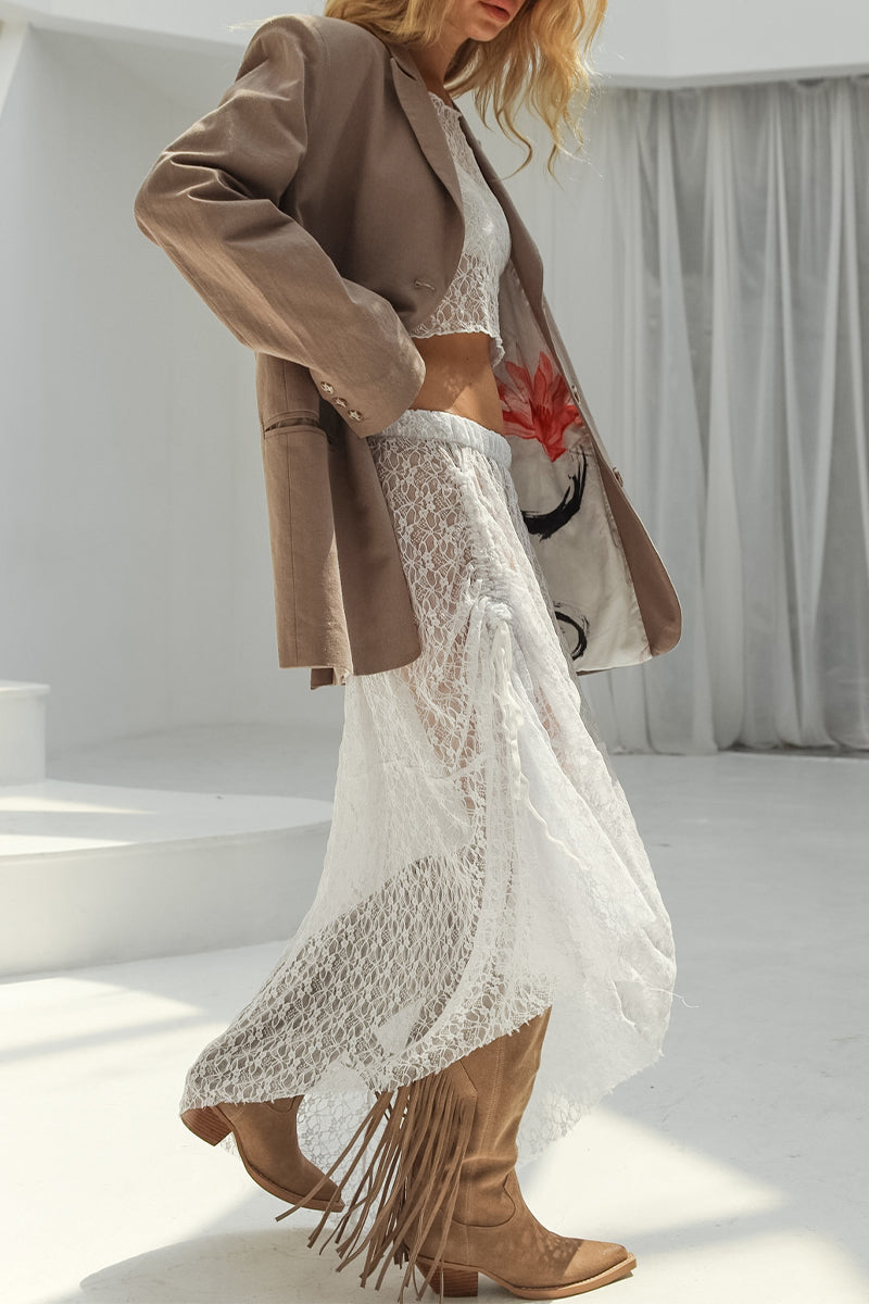 Solid Color Draw String See-Through O Neck Long Sleeve Two Pieces