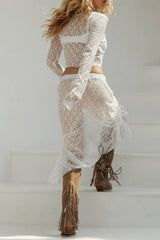 Solid Color Draw String See-Through O Neck Long Sleeve Two Pieces