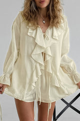 Casual Solid Color Lace Up Flounce V Neck Long Sleeve Two Pieces