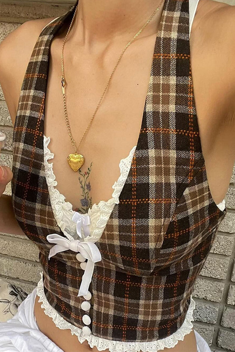 Plaid Patchwork Backless Halter Tops