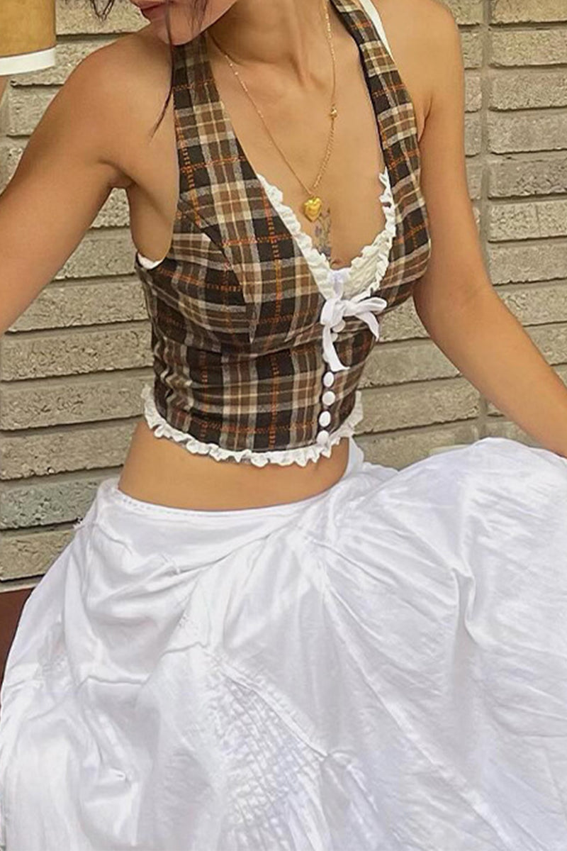 Plaid Patchwork Backless Halter Tops