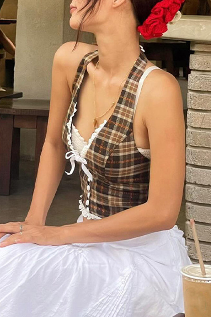 Plaid Patchwork Backless Halter Tops