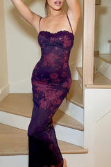 Flowers Patchwork Backless Strap Design Contrast U Neck One Step Skirt Dresses