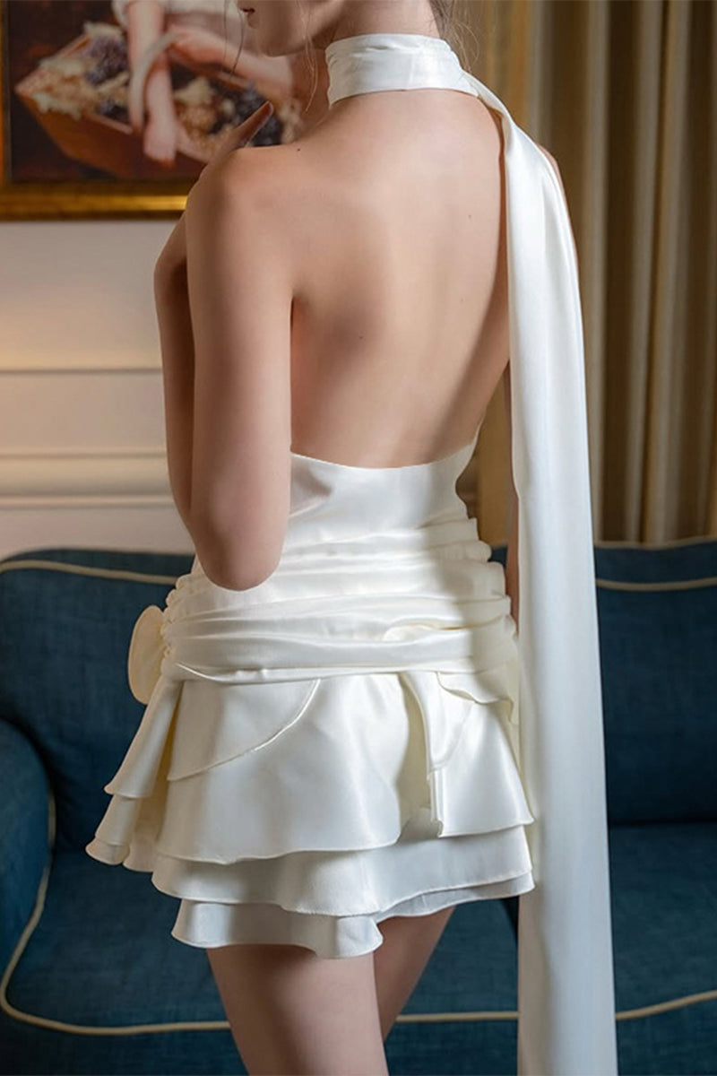 Backless Flounce Flower Shape Halter A Line Dresses