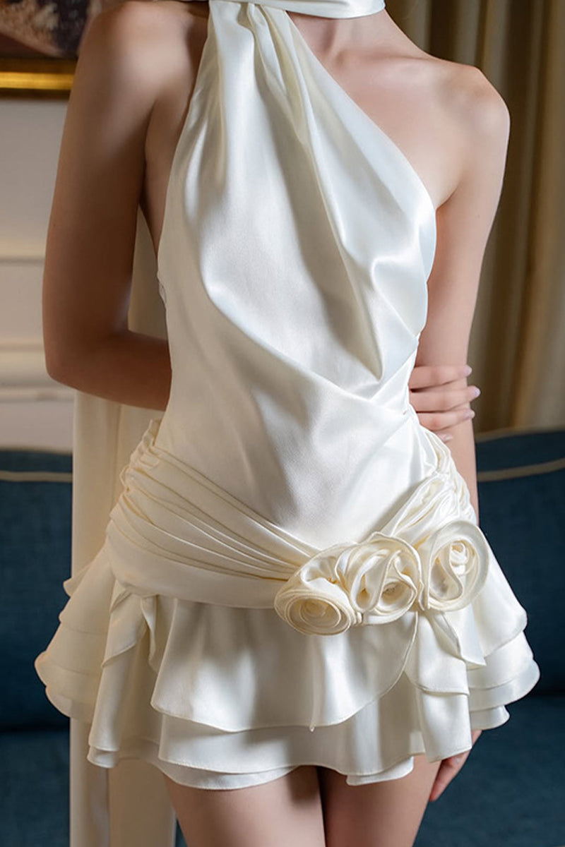 Backless Flounce Flower Shape Halter A Line Dresses